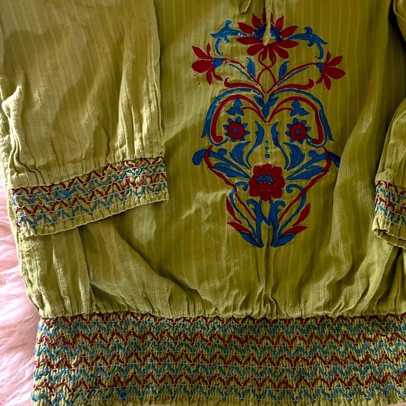 Avacado Green Floral Embroidered Tie Cotton Blouse Top - Picture 5 of 6